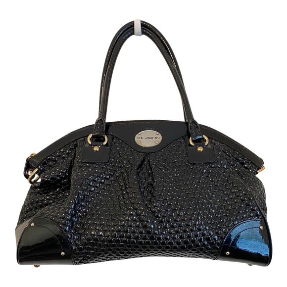 Vintage ST. John Black Embossed Patent Leather Quilted Satchel Bag Tote Purse